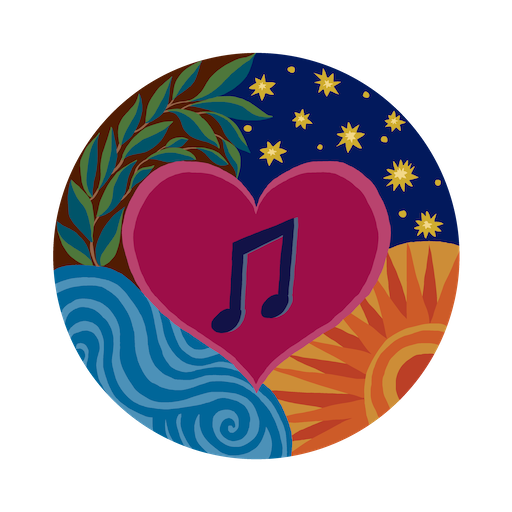 Heart shape with musical note inside of it, surrounded by quadrants of sun, water, leaves, and a starry sky.